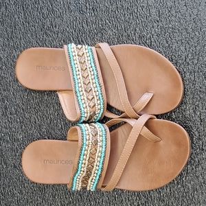 Maurices sandals, teal beaded, brown, size 8
